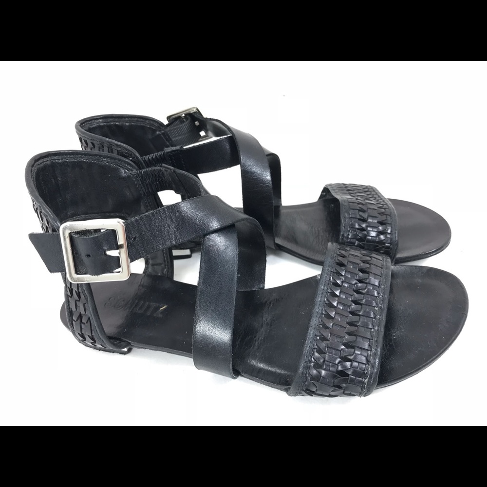 Schutz black leather cross strap flat sandals 8